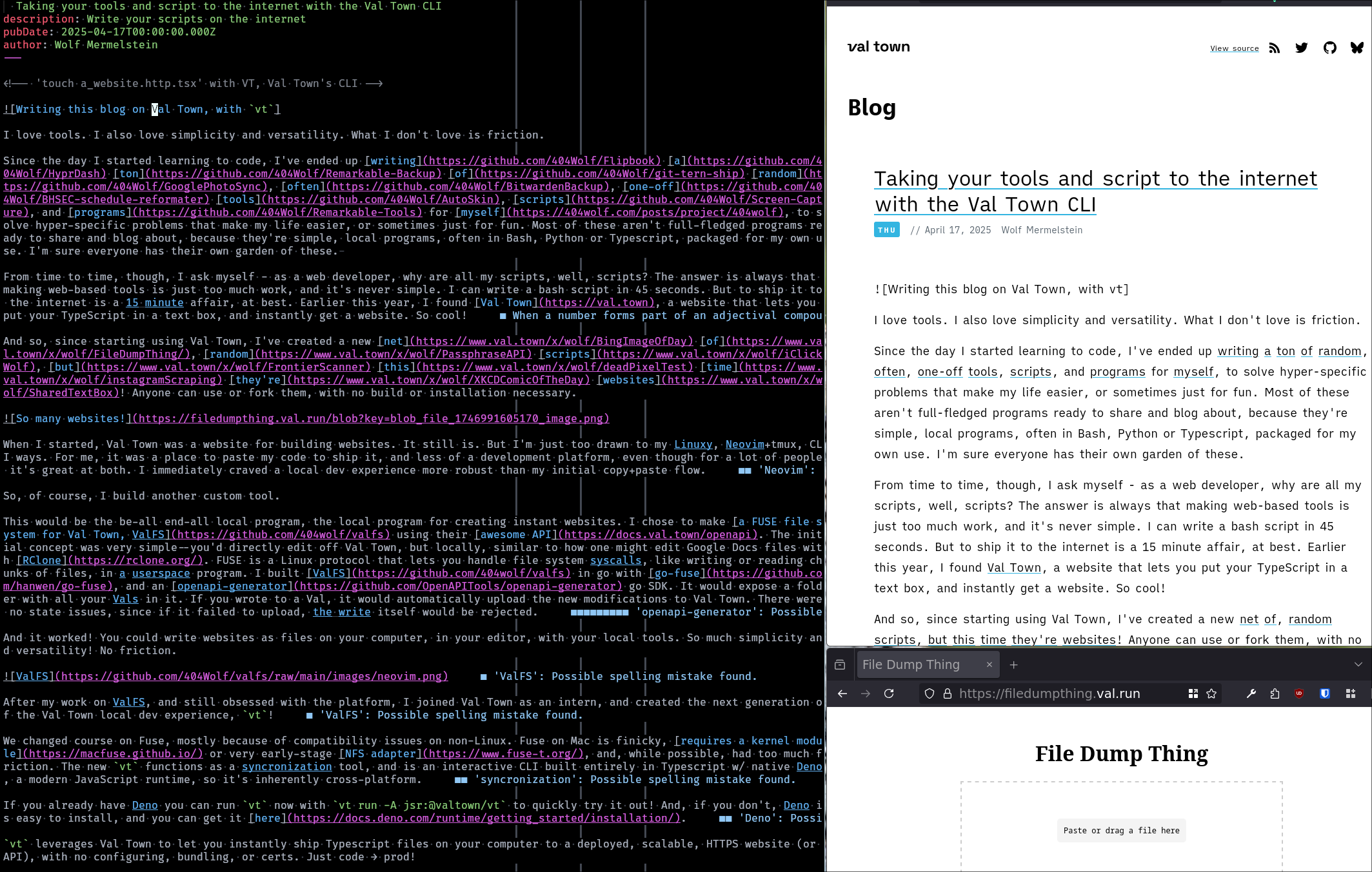 Writing this blog on Val Town, with vt